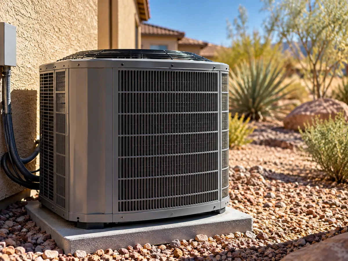 Outdoor condenser beside desert landscaping