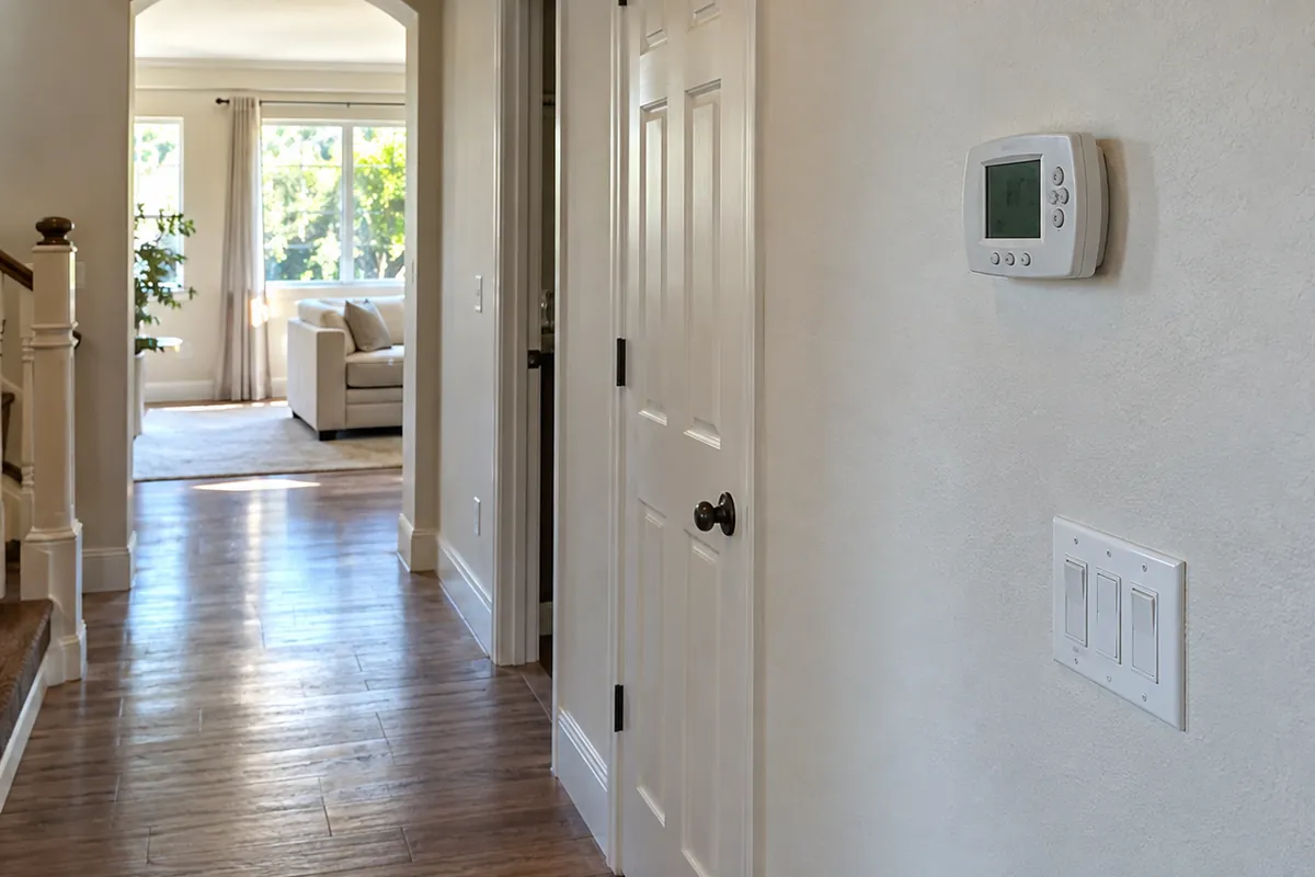 Digital thermostat on a hallway wall beside a light switch, duct repair and sealing in Las Vegas, NV