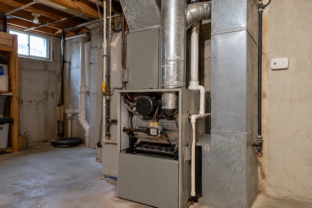 Furnace burner compartment open in a basement, furnace and heating repair in Las Vegas, NV