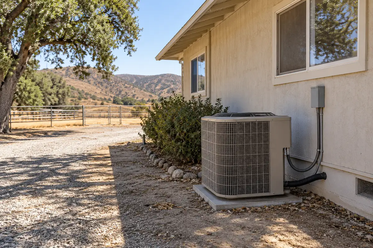 Condenser beside a house along a gravel drive with hills behind, heat pump repair and installation in Las Vegas, NV